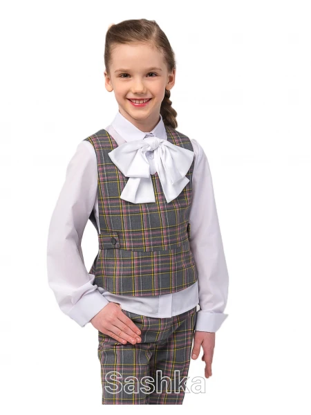 Жилет для дівчинки Sashka сірий з клітинкою, розмір 116-146